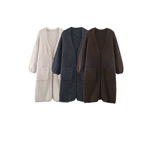 Damen Oversize Strickmantel mit V‑Ausschnitt, kuscheliger Bouclé‑Optik und aufgesetzten Taschen Drune