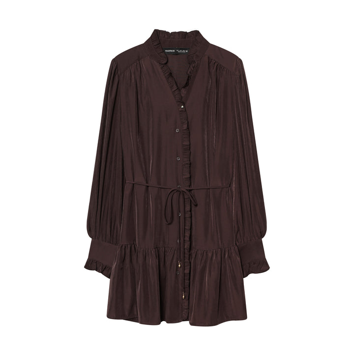 Damen nan gepunktetes Midikleid mit Rüschenblende, Taillenzug und stufigem Volantrock Drune