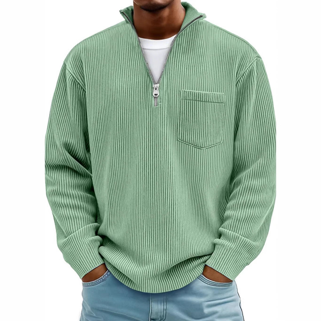 Herren Rippstrickpullover mit kurzem Reißverschluss und Brusttasche EB