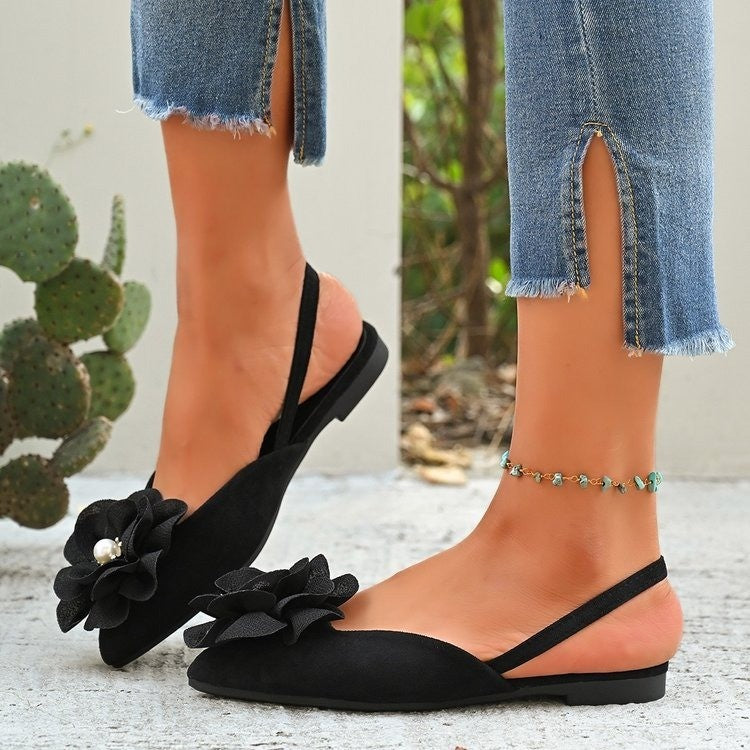 Damen Slingback-Ballerinas mit großer Blumenapplikation und flacher Komfortsohle Drune