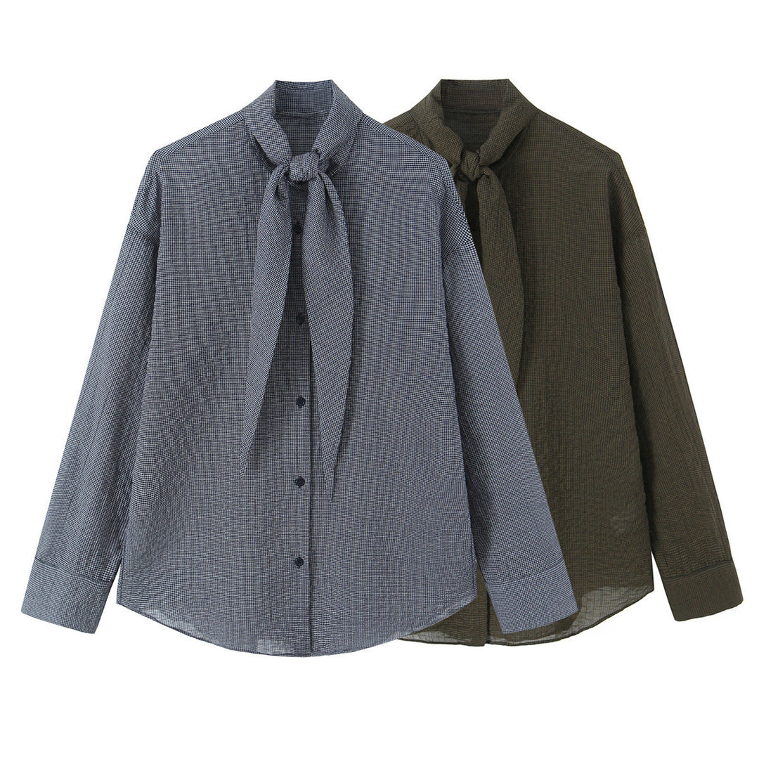 Damen Oversize-Bluse mit Schleifenkragen und feinem Vichy-Karo Drune