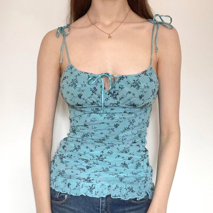 Damen luftiges Blumenmuster Top mit Rüschendetails und verstellbaren Trägern Drune