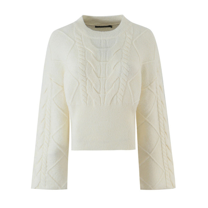Damen Kurz geschnittener Zopfstrick-Pullover mit weitem Ärmel und geripptem Saum Drune