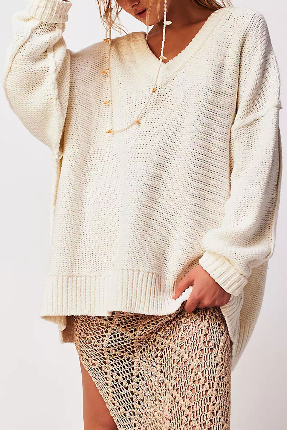 Damen V-Ausschnitt Oversized Pullover mit strukturiertem Strickmuster Drune