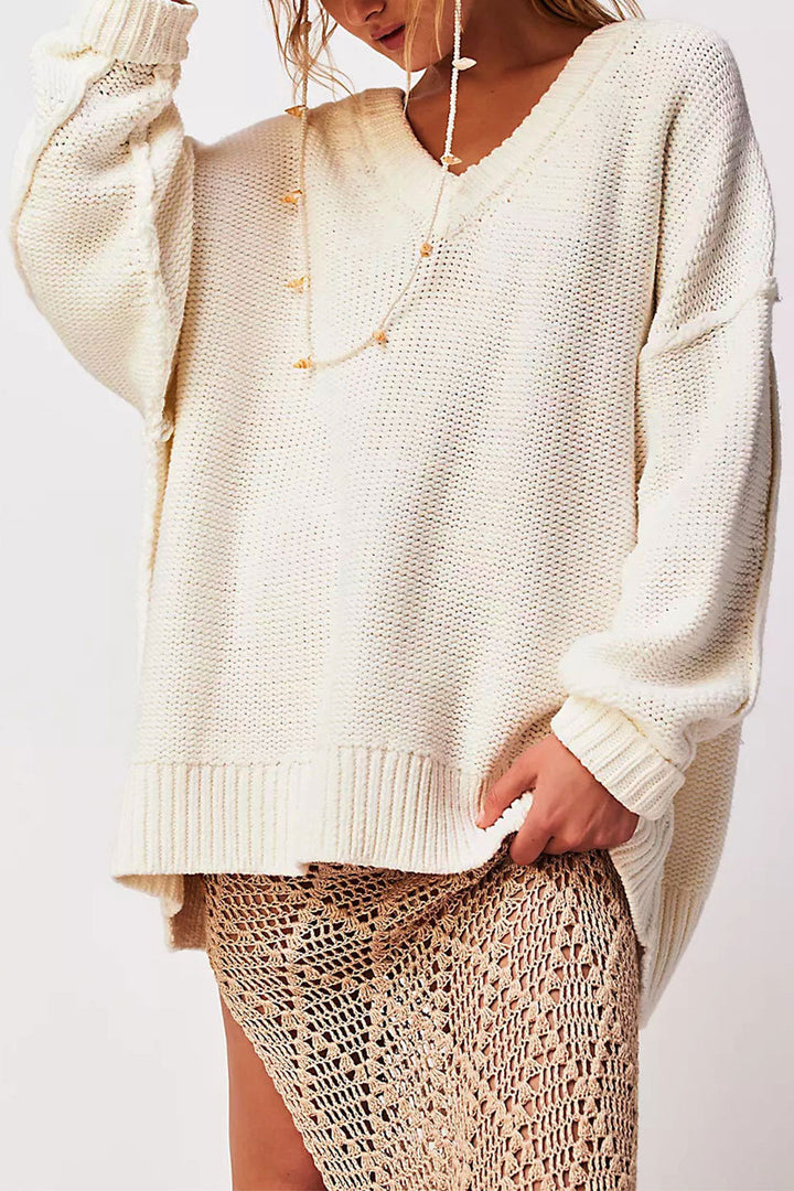 Damen V-Ausschnitt Oversized Pullover mit strukturiertem Strickmuster Drune