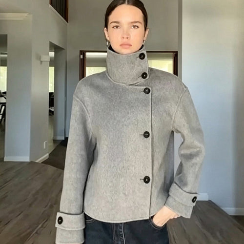 Damen Kurzer Wollmix-Mantel mit asymmetrischer Knopfleiste und hohem Stehkragen Drune