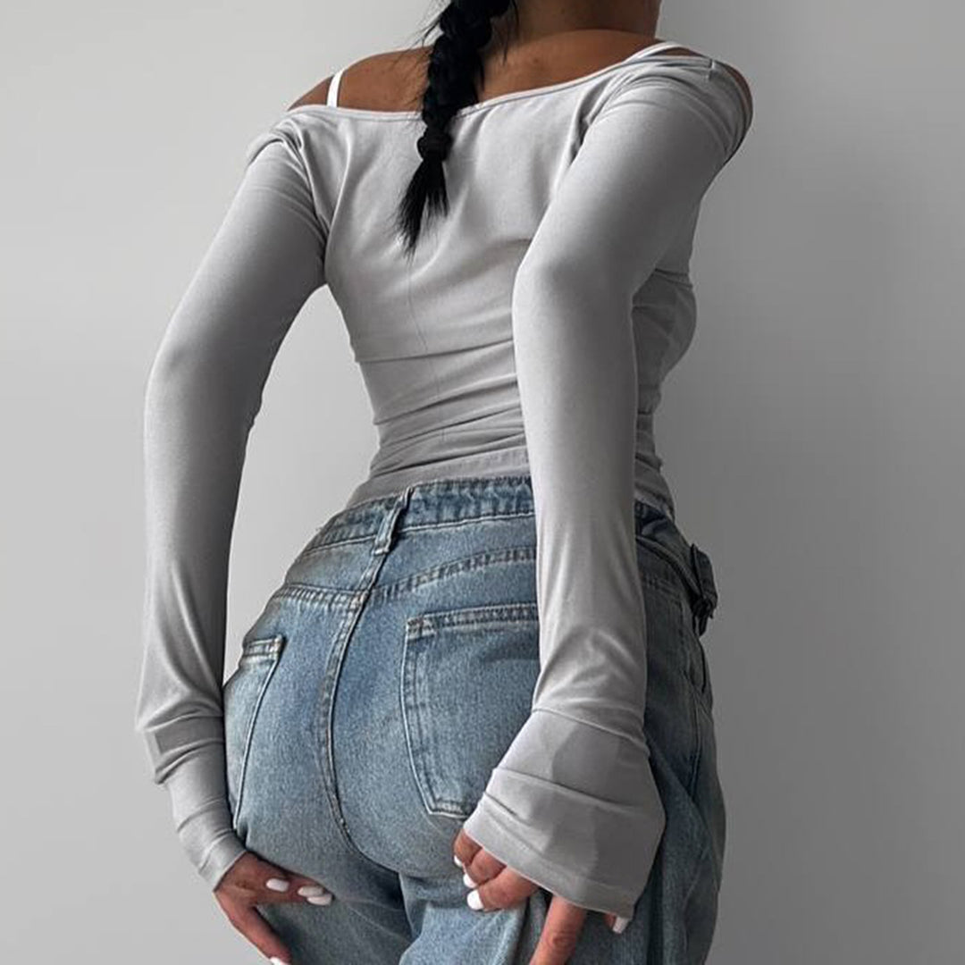 Damen nan tailliertes Longsleeve-Cropped-Top mit eckigem Ausschnitt und doppelten Spaghettiträgern Drune
