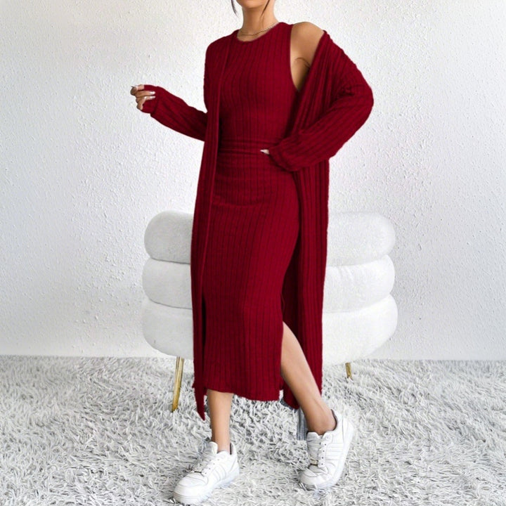 Damen geripptes Midikleid mit figurformendem Bustieroberteil hohem Seitenschlitz und passendem Longcardigan aus Feinstrick Drune