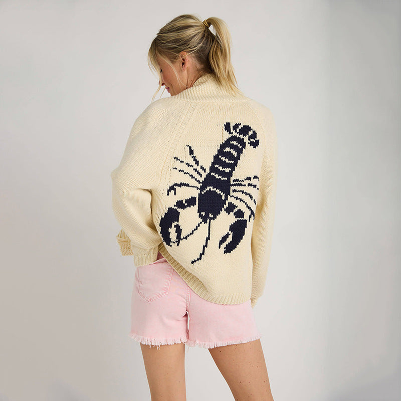 Damen Grobstrick Rollkragenpullover mit Hummer-Intarsie und lässiger Oversize-Passform Drune