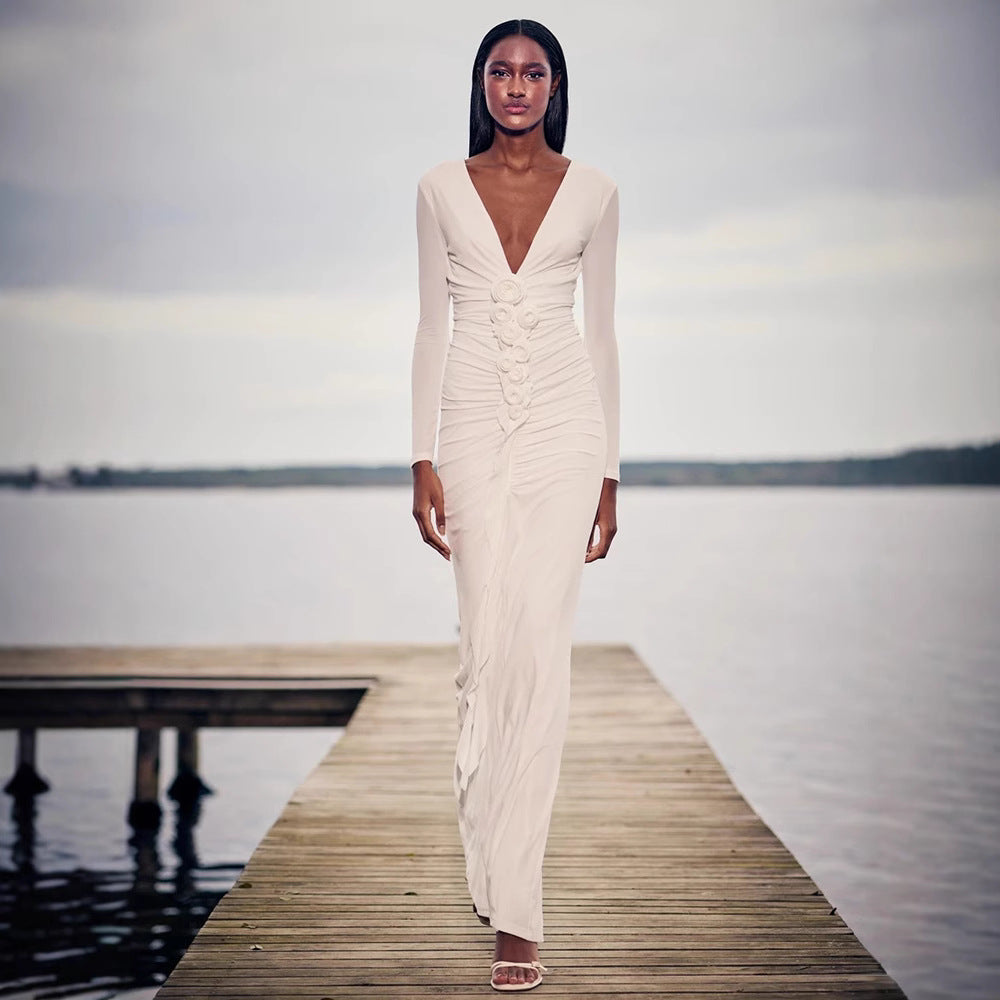 Damen Langärmliges Maxikleid mit figurschmeichelndem Drapé und floralen Applikationen Drune