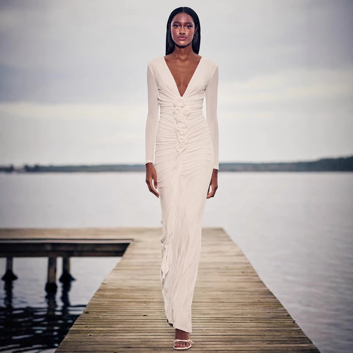Damen Langärmliges Maxikleid mit figurschmeichelndem Drapé und floralen Applikationen Drune