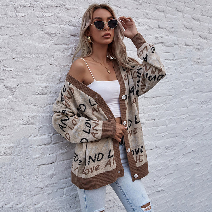 Damen Oversize-Strickcardigan mit Jacquard-Textmuster, V‑Ausschnitt & Knopfleiste Drune