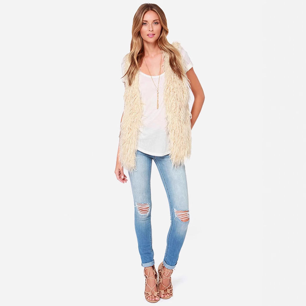 Damen Ärmellose Shaggy‑Kunstfellweste mit langfaserigem Hochflor und offenem Saum Drune