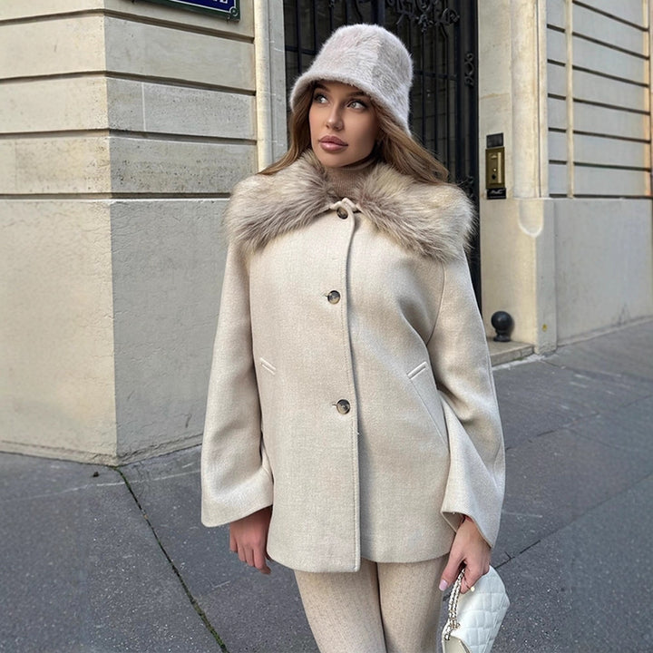 Damen Kurzmantel mit Webpelz-Schalkragen & kastiger Oversize-Silhouette Drune