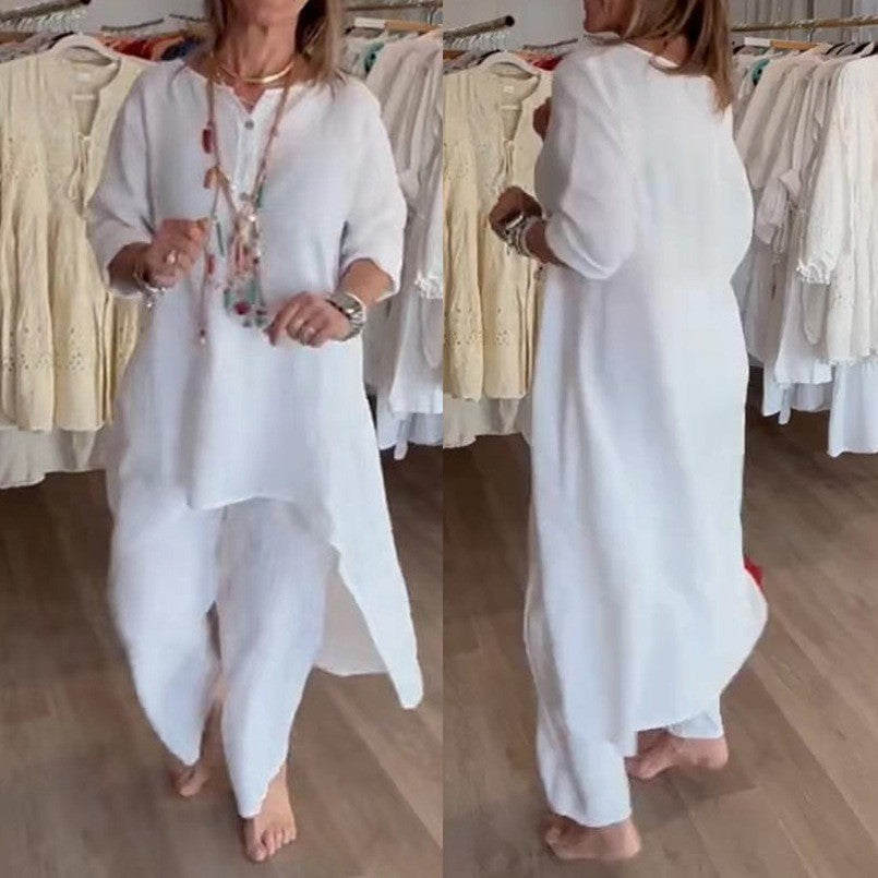 Damen Midilanges Leinen-Tunika-Set mit asymmetrischem Saum und weiter Palazzo-Hose Drune