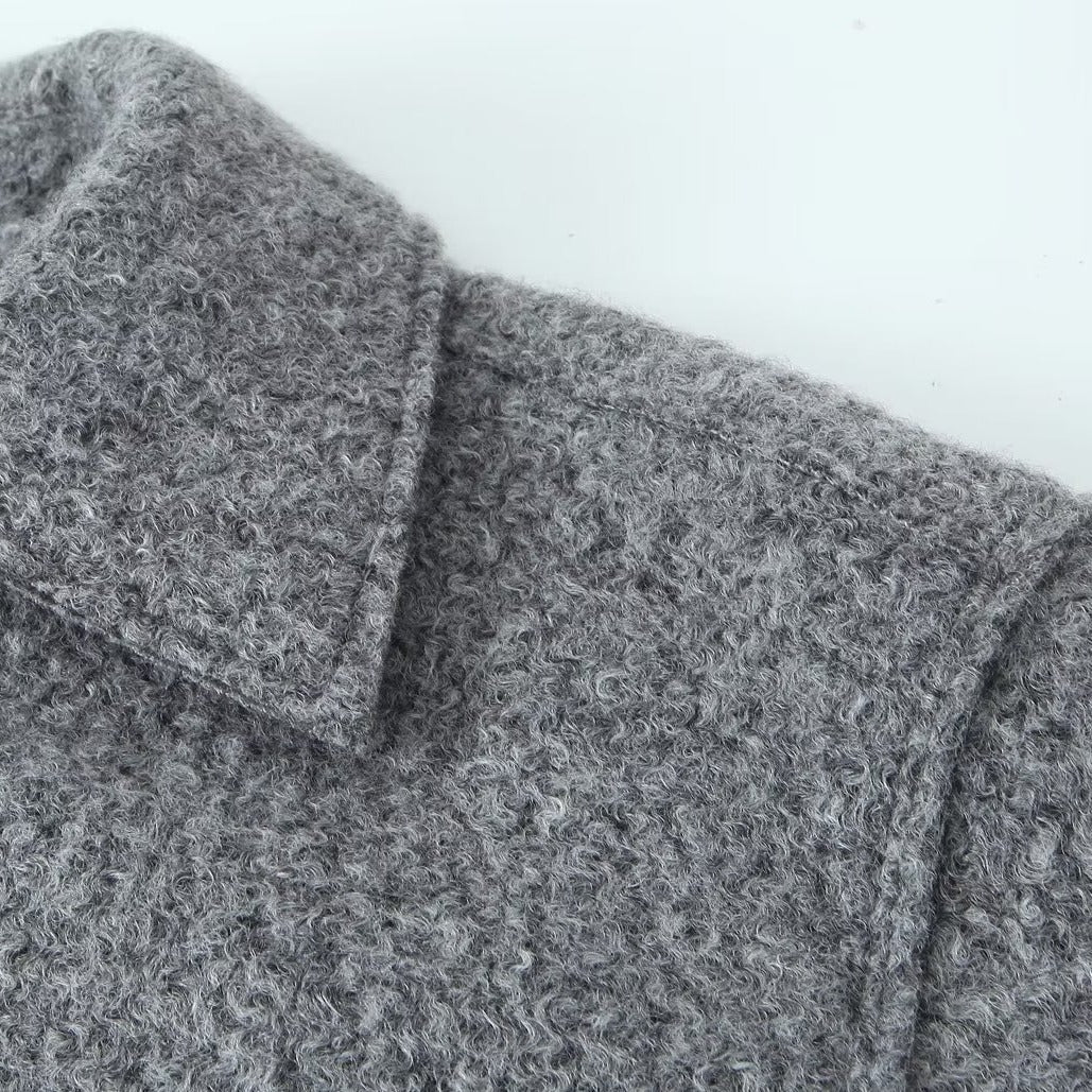 Damen nan kurzgeschnittene kastige Wollmix Jacke mit Reißverschluss Hemdkragen und aufgesetzten Pattentaschen Drune