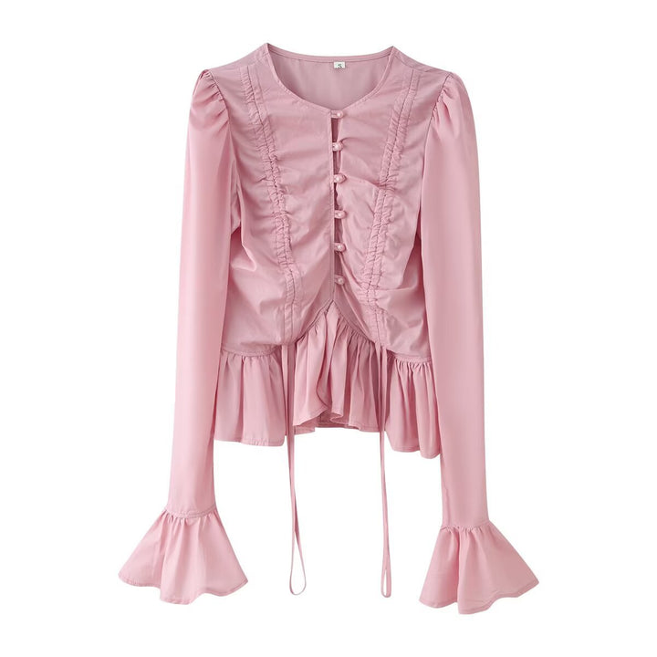 Damen Rüschenbluse mit Kordelzug‑Frontraffung, Volant‑Saum und Glockenärmeln Drune
