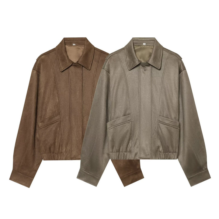 Damen Kurzer Boxy‑Blouson in Velourslederoptik mit Pattentaschen Drune