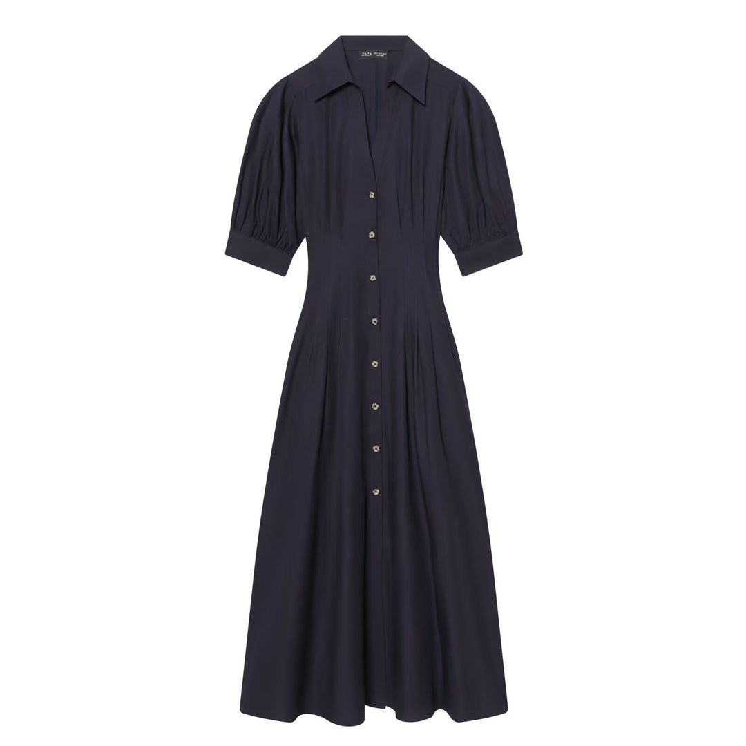 Damen Hemdblusenkleid mit taillierter Passform, Puffärmeln und durchgehender Knopfleiste Drune