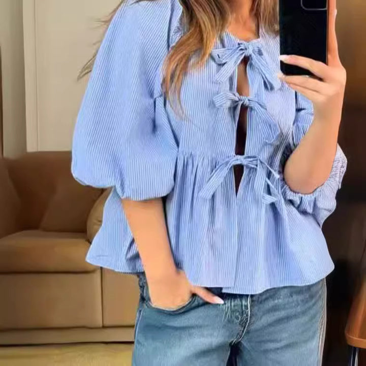 Damen Bluse mit raffinierten Schleifen und voluminösen Ärmeln Drune
