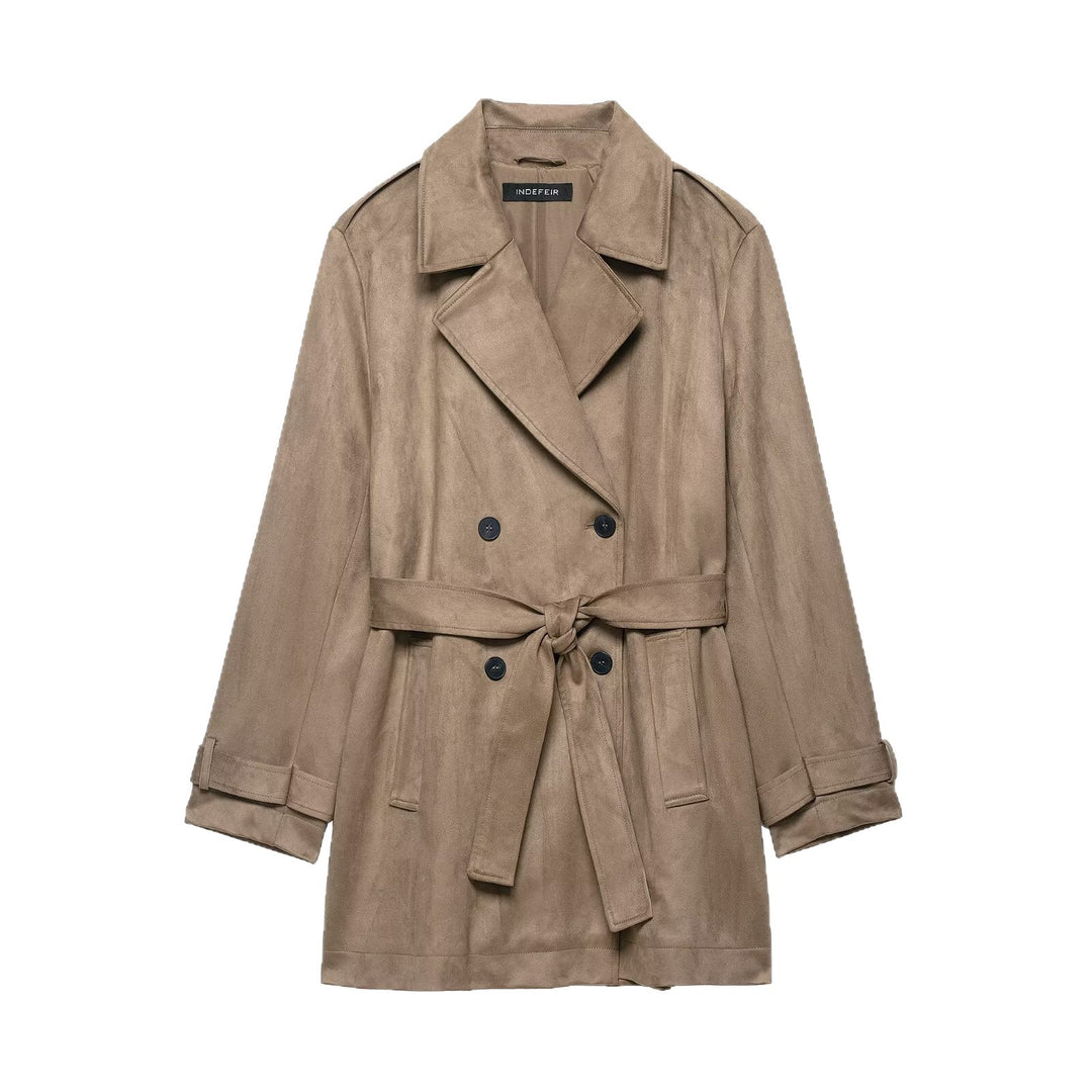 Damen Doppelreihiger Wildlederoptik-Trenchcoat mit Taillengürtel Drune