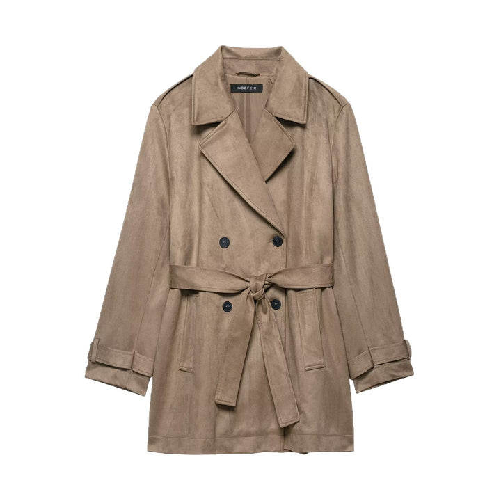 Damen Doppelreihiger Wildlederoptik-Trenchcoat mit Taillengürtel Drune