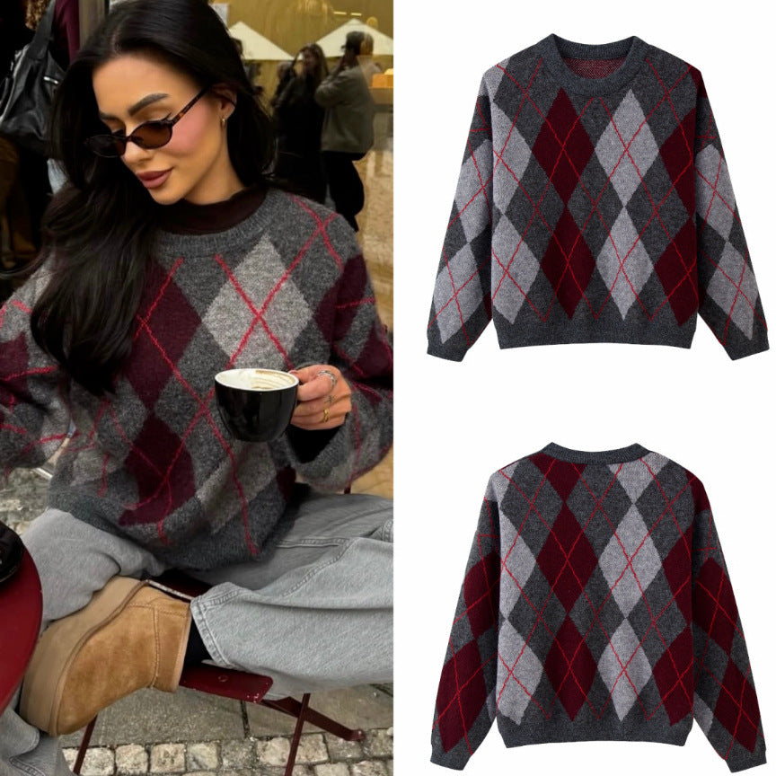 Damen 200+ oversized Argyle Strickpullover aus Wollmix mit Rundhalsausschnitt Drune