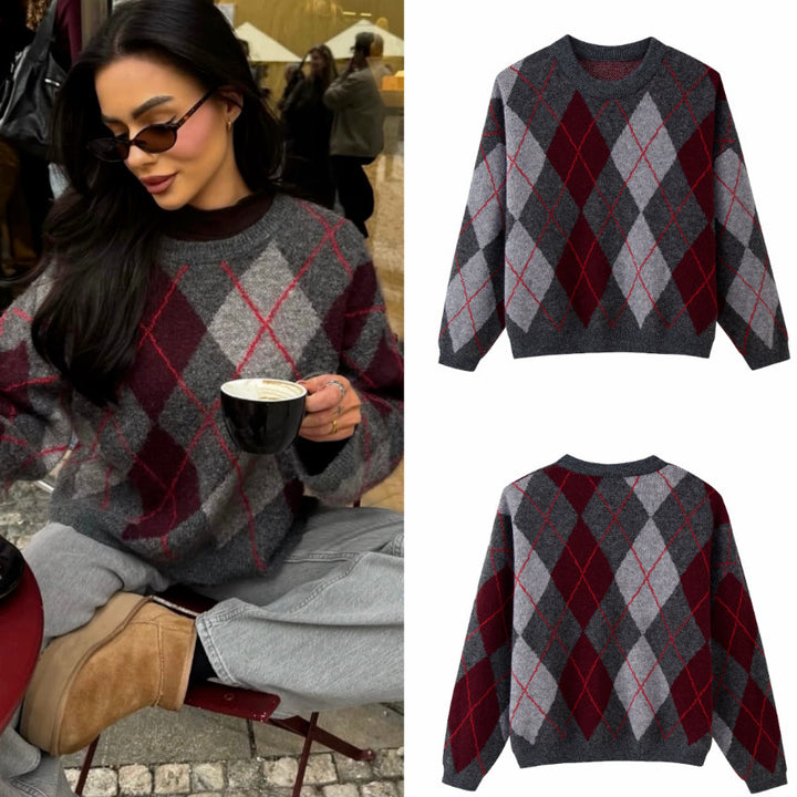Damen 200+ oversized Argyle Strickpullover aus Wollmix mit Rundhalsausschnitt Drune