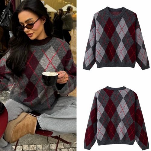Damen 200+ oversized Argyle Strickpullover aus Wollmix mit Rundhalsausschnitt Drune