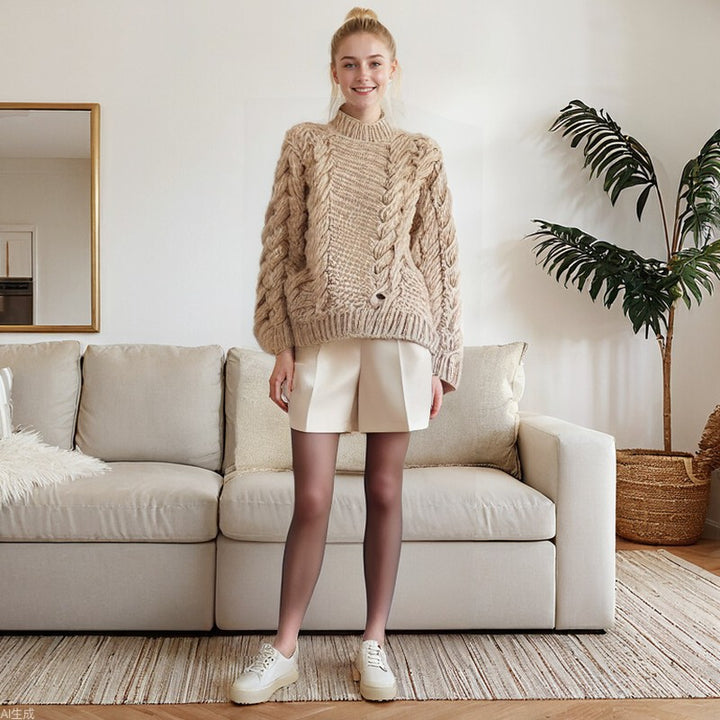 Damen Strickpullover mit voluminösen Ärmeln und strukturiertem Zopfmuster Drune