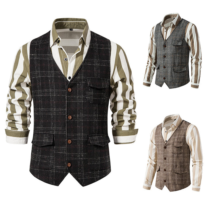 Herren nan kariertes Wollmix Gilet mit Brusttasche und aufgesetzten Seitentaschen Drune