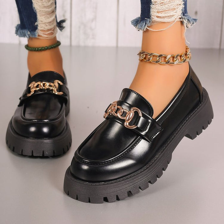 Damen klobige Loafer im Leder-Look mit profiliertem Plateau und Gliederketten-Applikation Drune