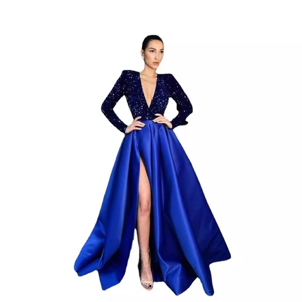 Damen Glamouröses Abendkleid mit tiefem V-Ausschnitt und hochgeschnittenem Rock Drune