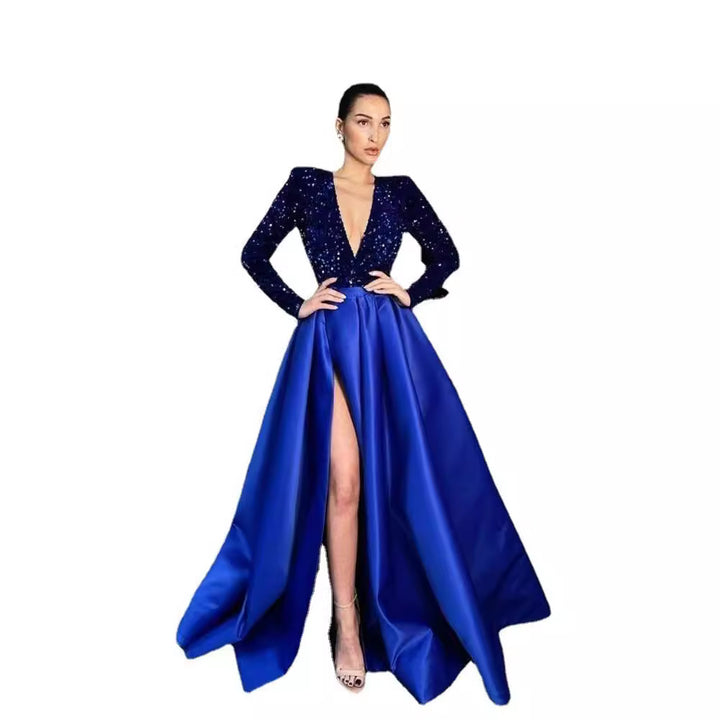 Damen Glamouröses Abendkleid mit tiefem V-Ausschnitt und hochgeschnittenem Rock Drune