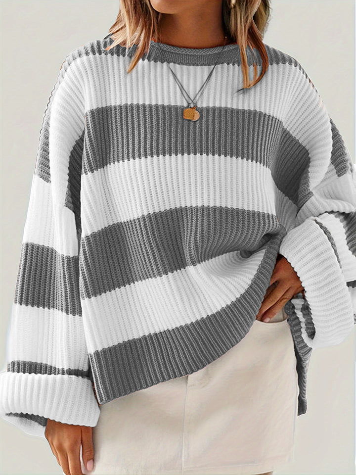 Damen lässiger Strickpullover mit breiten Streifen und lockerer Passform Drune