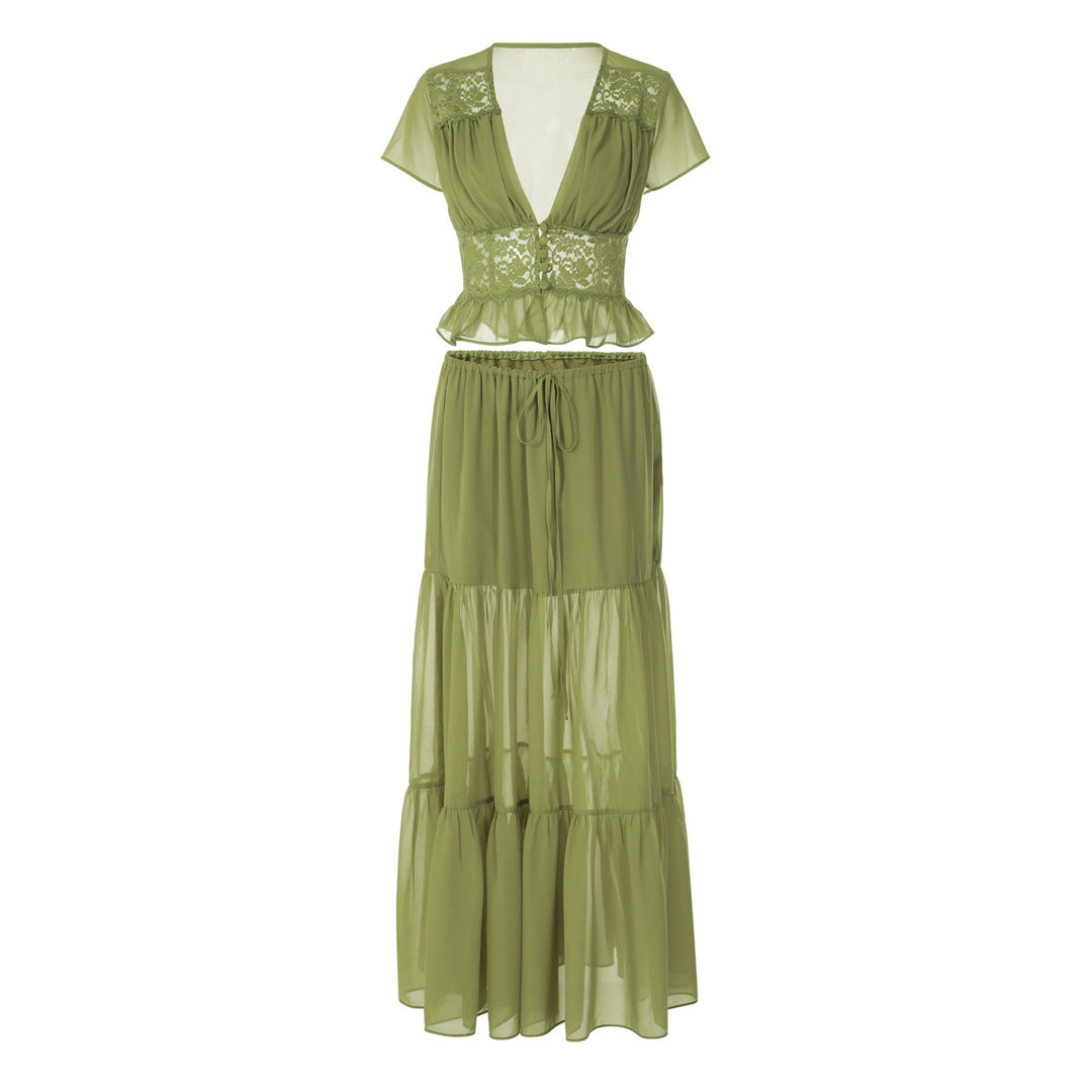 Damen Elegantes Maxikleid mit Spitzenoberteil und fließendem Saum Drune