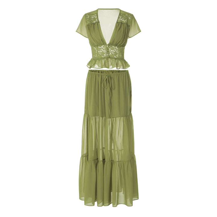 Damen Elegantes Maxikleid mit Spitzenoberteil und fließendem Saum Drune