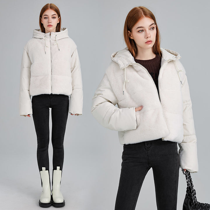 Damen Kurze Hybrid-Winterjacke mit samtiger Kunstfellfront und Kapuzenkragen Drune
