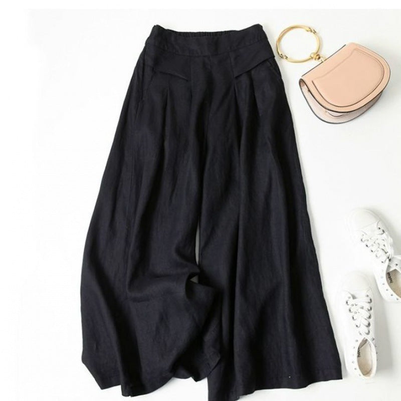 Damen Weit geschnittene Leinenhose mit hohem Bund und eleganten Falten Drune