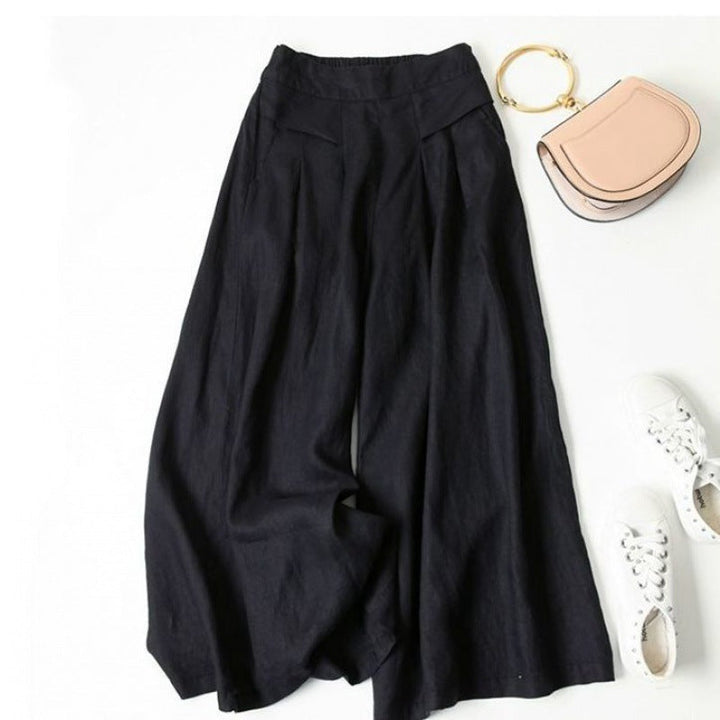 Damen Weit geschnittene Leinenhose mit hohem Bund und eleganten Falten Drune