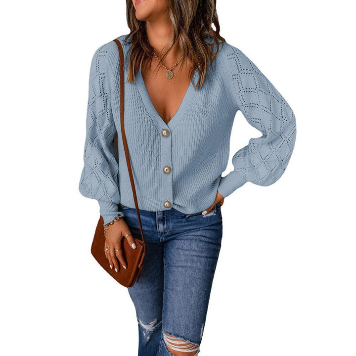 Damen Strickcardigan mit V-Ausschnitt, Zierknopfleiste und Ajourballonärmeln Drune