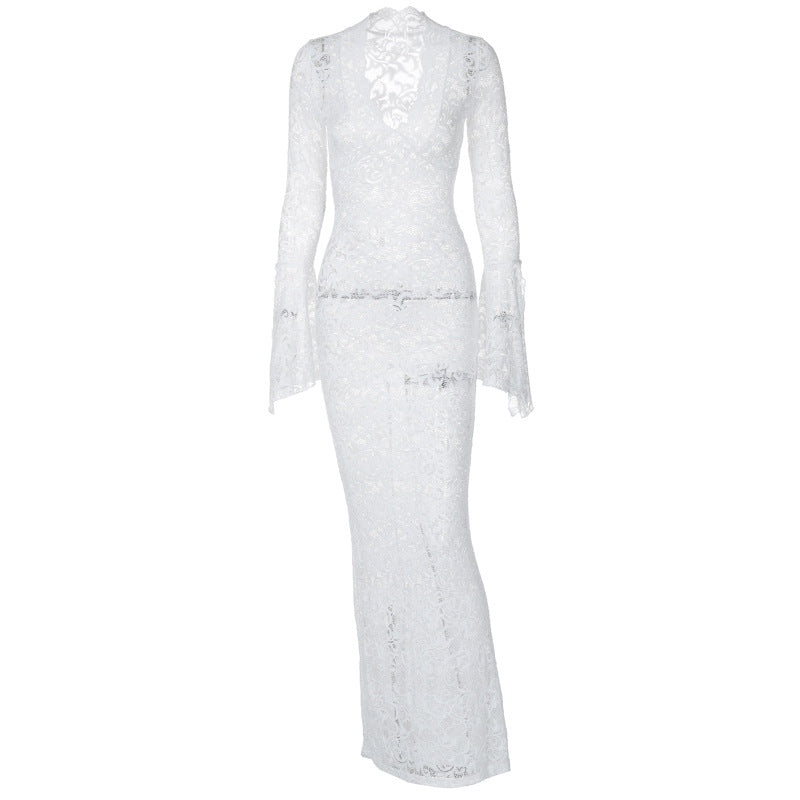 Damen Figurbetontes Spitzenkleid mit tiefem V-Ausschnitt und nostalgischen Puffärmeln Drune