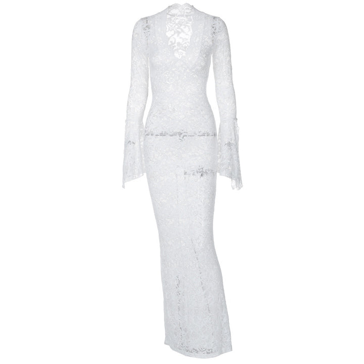 Damen Figurbetontes Spitzenkleid mit tiefem V-Ausschnitt und nostalgischen Puffärmeln Drune