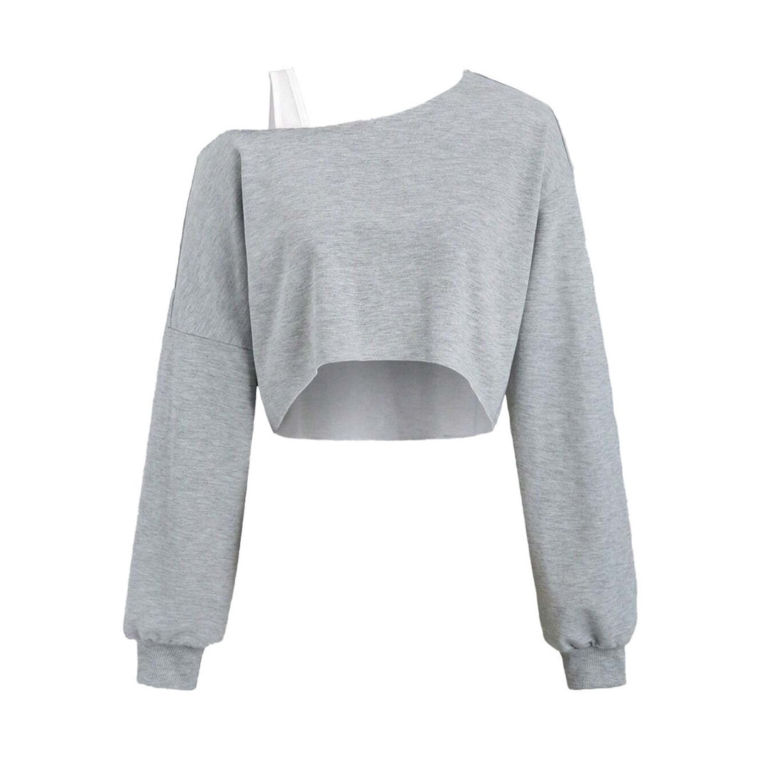 Damen cropped Off-Shoulder Sweatshirt mit einseitigem Träger, Ballonärmeln und Rippbündchen Drune