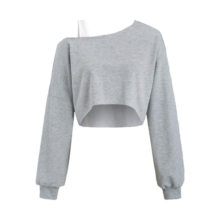 Damen cropped Off-Shoulder Sweatshirt mit einseitigem Träger, Ballonärmeln und Rippbündchen Drune
