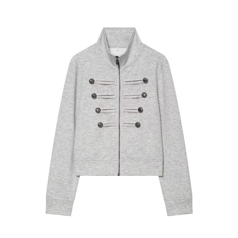 Damen Cropped Sweatjacke im Military-Look mit Stehkragen und Zierknopfreihe Drune