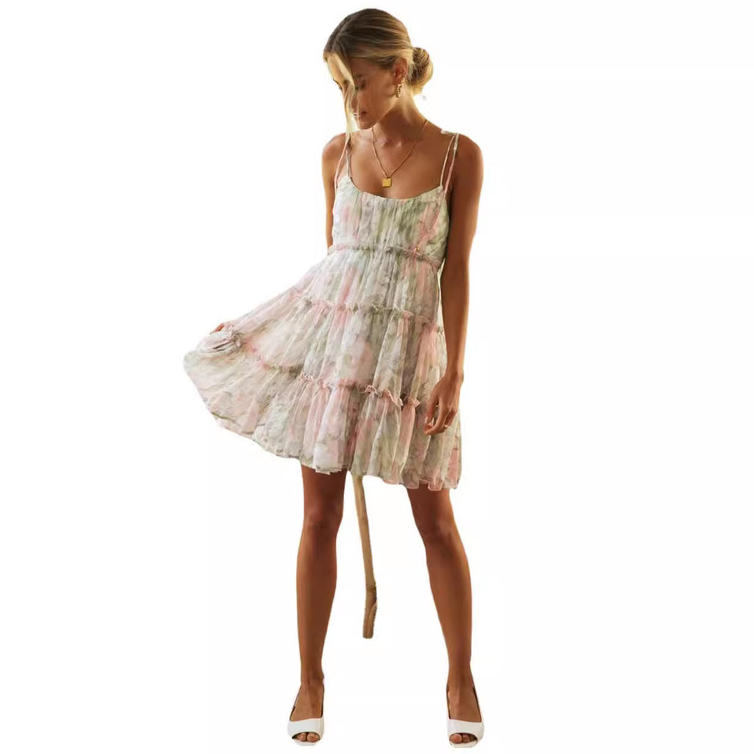 Damen luftiges Sommerkleid mit zarten Rüschen und Spaghetti-Trägern Drune