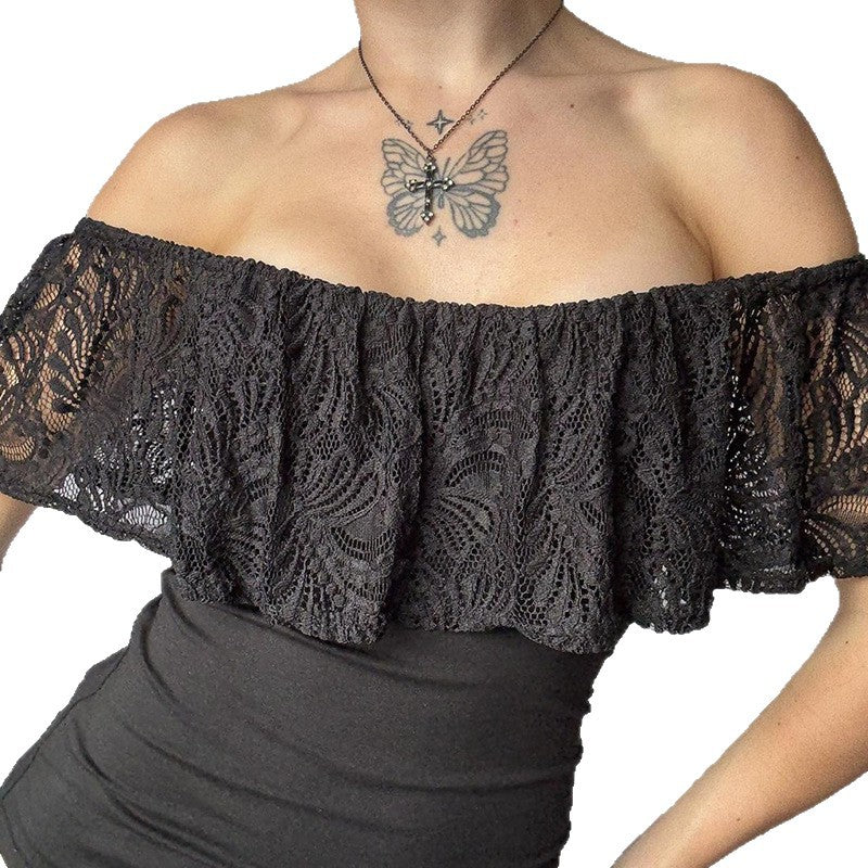 Damen Oberteil mit Spitzen-Overlay und schulterfreiem Design Drune