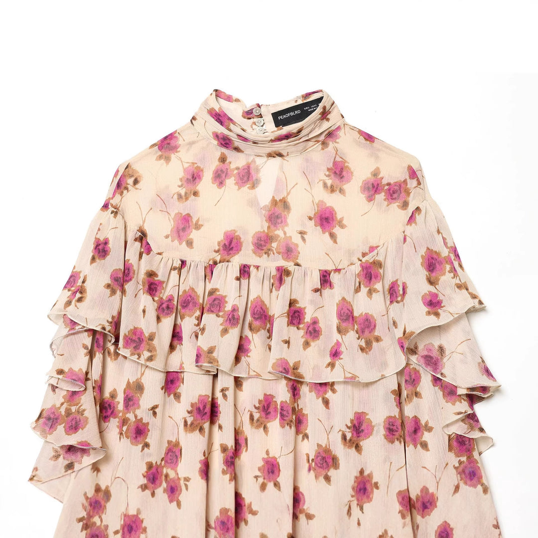 Damen nan zarte Volantbluse mit Stehkragen, mehrlagigen Rüschenstufen und floralem Chiffon Drune