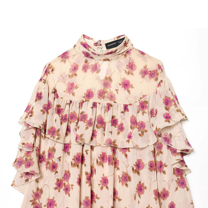 Damen nan zarte Volantbluse mit Stehkragen, mehrlagigen Rüschenstufen und floralem Chiffon Drune